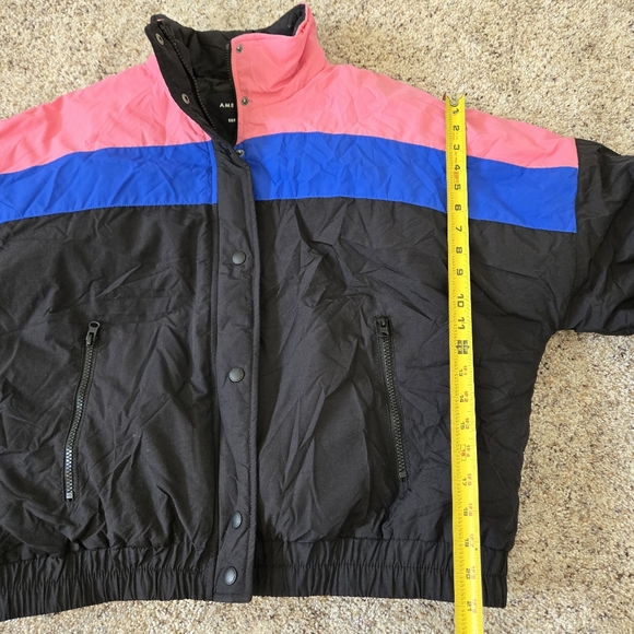 American Eagle Retro Colorblock Striped Puffer Coat Size Large Pink Blue Black - Picture 6 of 8